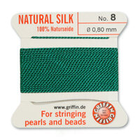 No 8 - 0.80mm - Green Carded Bead Cord 100% Natural Silk 