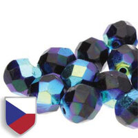 4mm Fire Polish Beads with Czech Shield - Jet Full AB 23980-28703CS - 40 Bead Strand