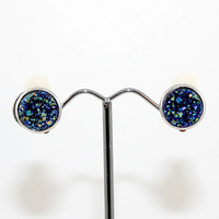 Druzy - Silver Framed Round Clip-on Earrings - Bermuda Blue