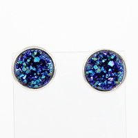 Druzy Earrings - Silver Framed Round Stud - Bermuda Blue