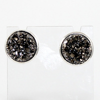 Druzy Earrings - Silver Framed Round Stud - Silver Night