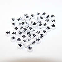 White & Black 'W' 7mm Alphabet Acrylic Flat Round Bead