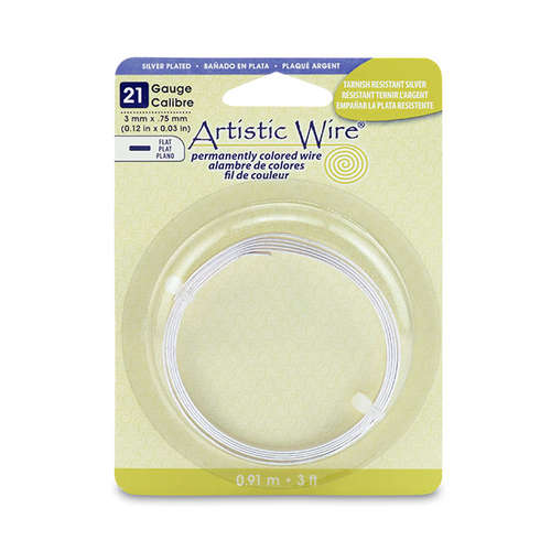 21 Gauge Flat Wire - 3 mm x .75 mm (0.12 in x 0.03 in) - 3 ft (.91 m) - Silver Plated - Tarnish Resistant Silver - AWB-21F-S10-03F