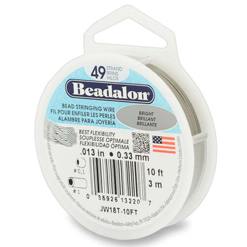 49 Strand Stainless Steel Bead Stringing Wire - .013 in (0.33 mm) -  10 ft (3 m) - Bright - JW18T-10FT