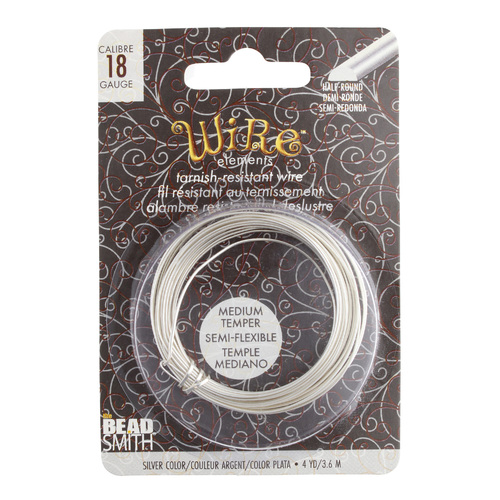 Tarnish Resistant Medium Temper Silver 18 Gauge Half Round Wire - 4yd / 3.6m Spool - NTW18HR-SL-4
