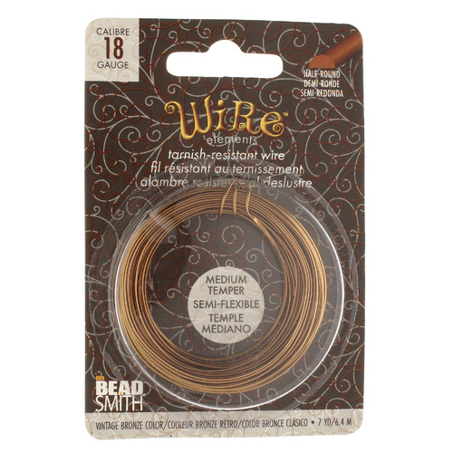 Tarnish Resistant Medium Temper Vintage Bronze 18 Gauge Half Round Wire - 7yd / 6.4m Spool - NTW18HR-VW-7