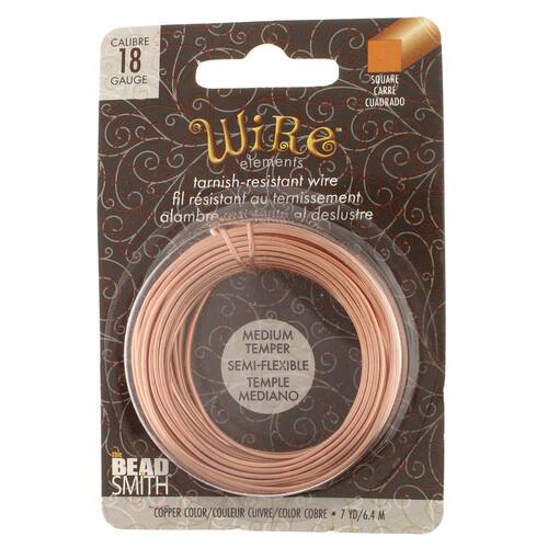 Tarnish Resistant Medium Temper Natural Copper 18 Gauge Square Wire - 7yd / 6.4m Spool - NTW18SQ-CP-7