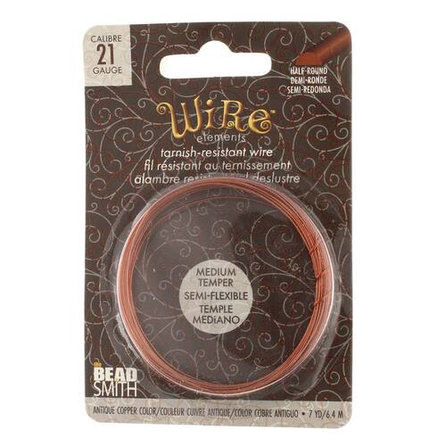 Tarnish Resistant Medium Temper Antique Copper 21 Gauge Half Round Wire - 7yd / 6.4m Spool - NTW21HR-AC-7