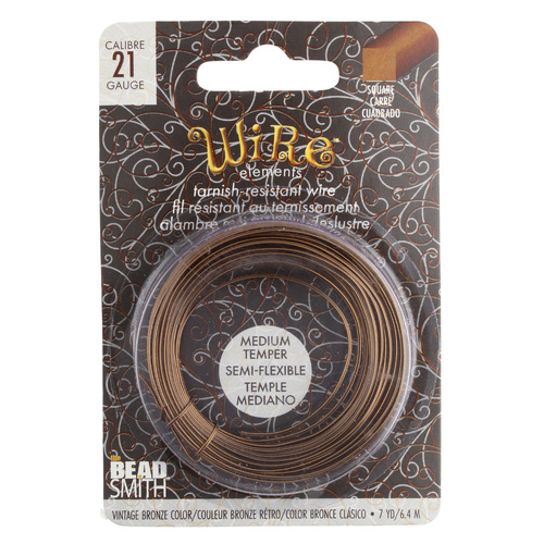Tarnish Resistant Medium Temper Vintage Bronze 21 Gauge Square Wire - 7yd / 6.4m Spool - NTW21SQ-VW-7