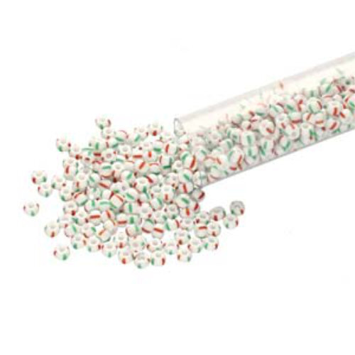 Preciosa 8/0 Rocaille Seed Beads - SB8-03950 - Chalk with Red & Green Stripes - 22gm Tube