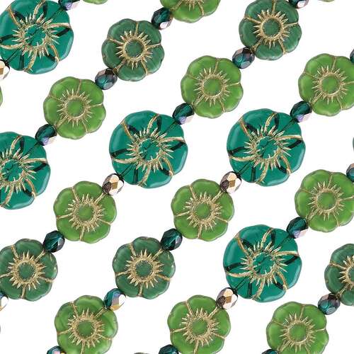 Czech Table Cut Glass Bead Strand - Green Hibiscus Mix - TCMIX-028
