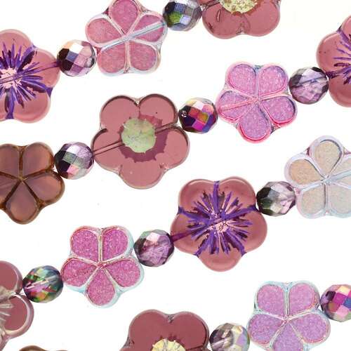 Czech Table Cut Glass Bead Strand - Purple Flower Mix - TCMIX-037