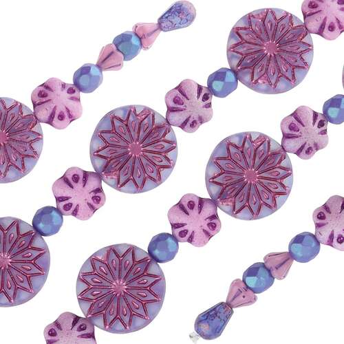 Czech Table Cut Glass Bead Strand - Purple Flower Mix - TCMIX-045