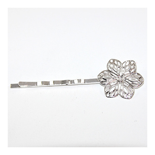 Filagree Flower Bobby Pin Hair Clip - Silver Plate - Pack of 2 