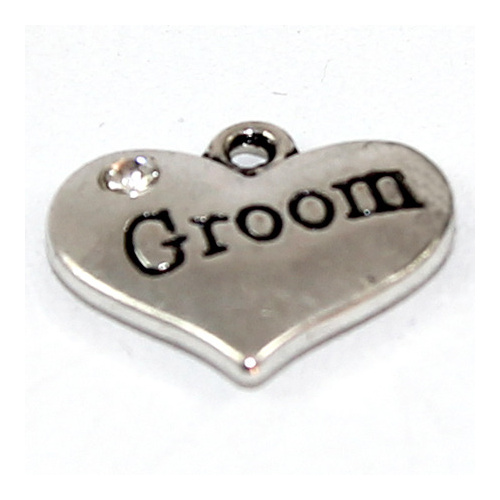 Groom Rhinestone Heart Charm - Antique Silver