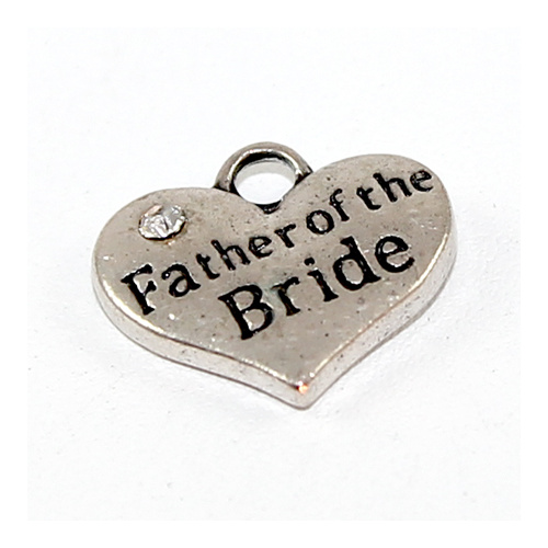 Father of the Bride Rhinestone Heart Charm - Antique Silver