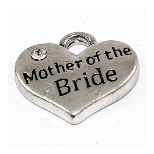 Mother of the Bride Rhinestone Heart Charm - Antique Silver