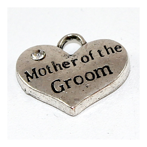 Mother of the Groom Rhinestone Heart Charm - Antique Silver