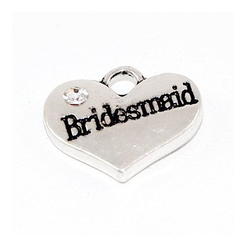 Bridesmaid Rhinestone Heart Charm - Antique Silver