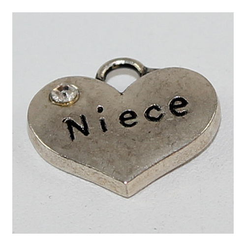 Niece Rhinestone Heart Charm - Antique Silver