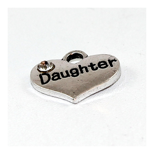 Daughter Rhinestone Heart Charm - Antique Silver