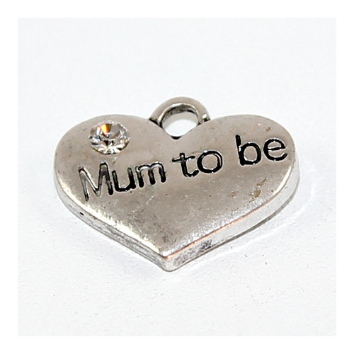 Mum to Be Heart Charm with Rhinestone - Antique Silver