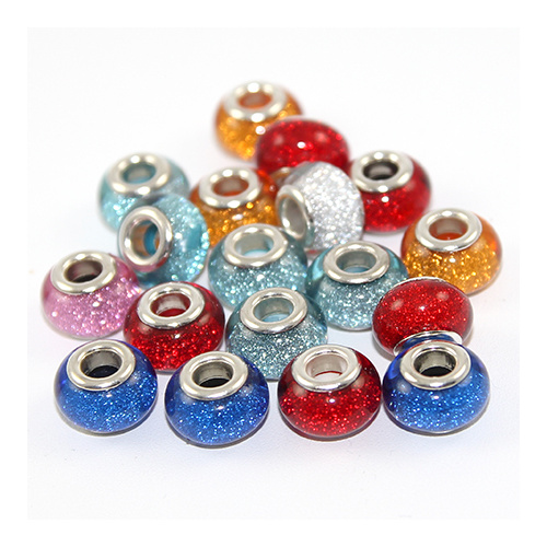 Glitter Resin Euro Bead - Mixed Colours with a Silver Plate core