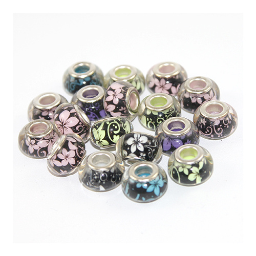 Flower Pattern Resin Euro Bead - Mixed Colours with a Silver Plate core