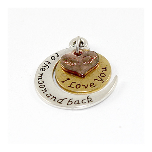 " I Love You To The Moon And Back " Carved Half Moon Round Heart Charm - Antique Silver, Gold & Rose Gold