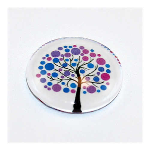20mm Tree of Life Round Glass Cabochon - Purple Pink Blue & Black on White Background