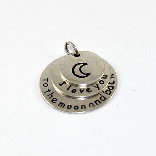 " I Love You To The Moon And Back " Carved Half Moon Round Heart Charm - Antique Silver