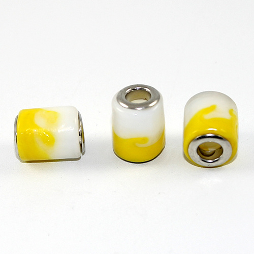 Rippled Lampwork Glass Euro Barrel Bead - Yellow & White
