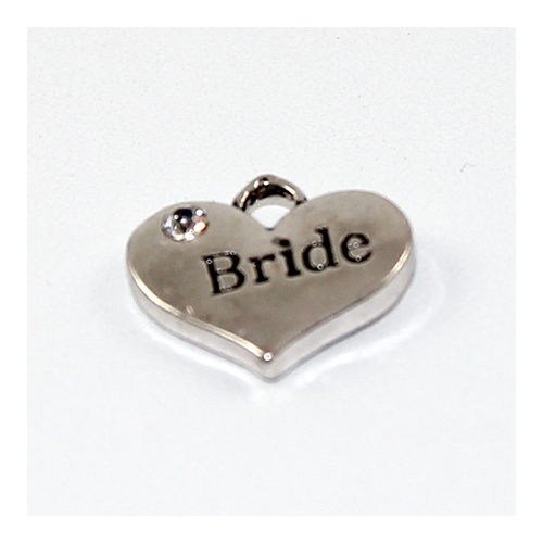 Bride Rhinestone Heart Charm - Antique Silver
