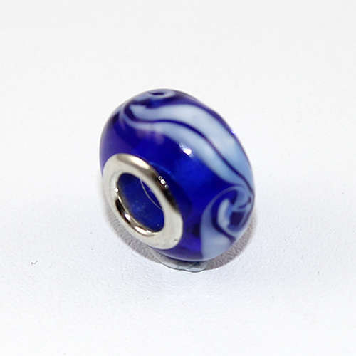 Ripple Patterned Deep Blue Glass Euro Bead with a Silver Plate Core