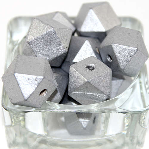 20mm Polyhedron Faceted Square Hinoki Wood Beads - Silver - 8 Piece Bag