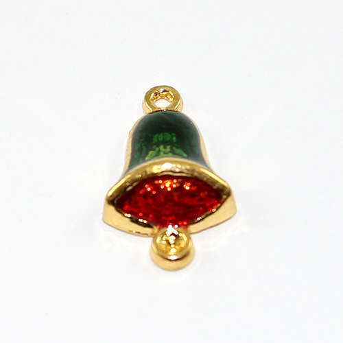 Christmas Green & Wine Red Enamel 21mm Bell Charm - Gold Plate - 2 Pieces