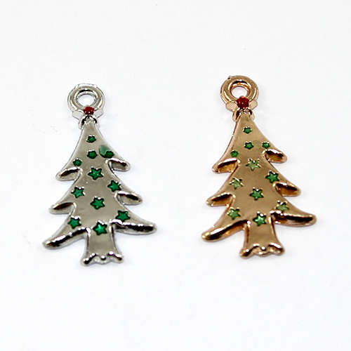 Carved Star Christmas Tree 26mm Charm with Green & Red Enamel - Silver & Gold Plate - 2 Pieces