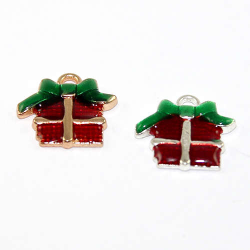 Christmas Present 16mm Charm with Red & Green Enamel  - Silver & Gold Plate - 2 Pieces