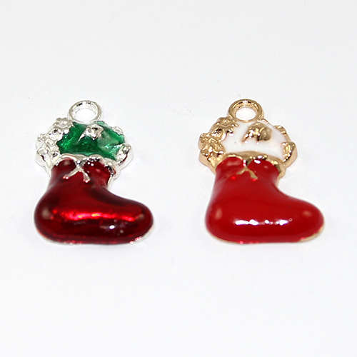Christmas Stocking 23mm Charm with Red White & Green Enamel  - Silver & Gold Plate - 2 Pieces