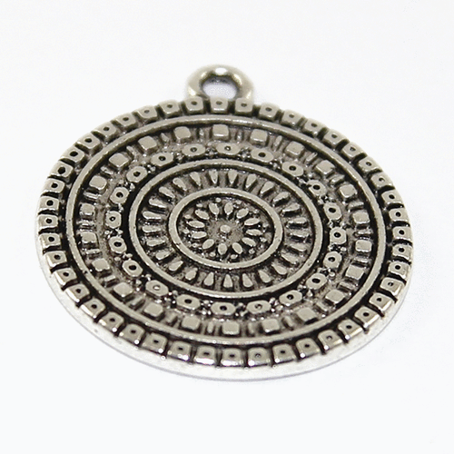 25mm Round Mandala Dot Pendant - Antique Silver Plated