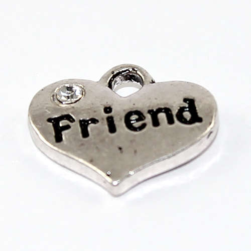 Friend Rhinestone Heart Charm - Antique Silver