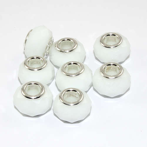 14mm Faceted Glass Euro Bead with Silver Plate Core - White