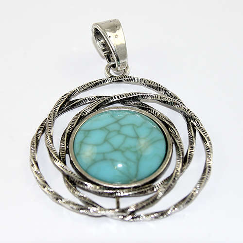 Boho Turquoise Lattice Circle Pendant - Antique Silver