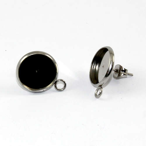 12mm Cabochon Setting Ear Studs with Drop - Stainless Steel - Pair with Butterfly Backs - Stainless Steel