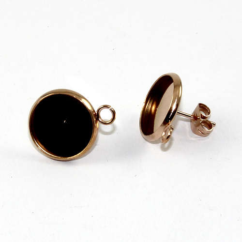 12mm Cabochon Setting Ear Studs with Drop - Stainless Steel - Pair with Butterfly Backs - Rose Gold