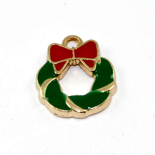 Wreath with a Bow Charm - Red & Green Enamel - Gold - 2 Pieces