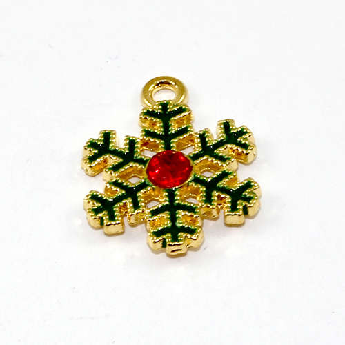 Snowflake Charm - Red Rhinestone & Green Enamel - Gold - 2 Pieces