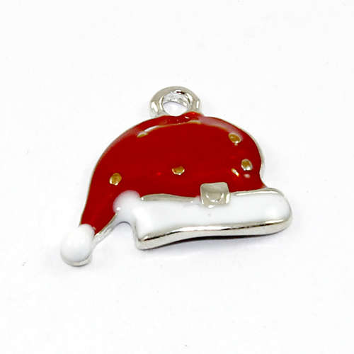 Christmas Hat Charm - White & Red Enamel - Silver - 2 Pieces