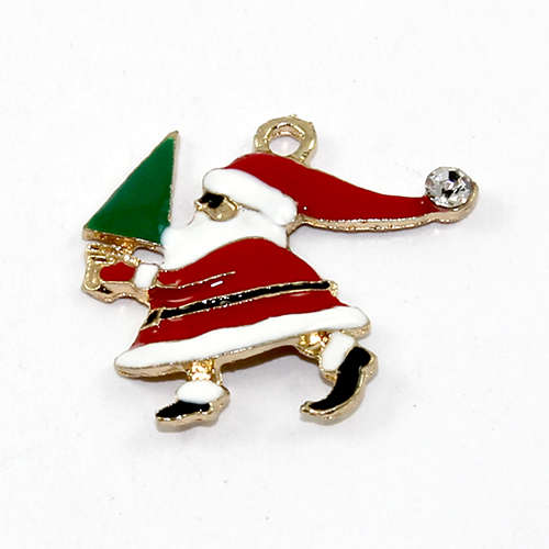 Santa Claus Charm - White & Red Enamel with Rhinestone - Gold - 2 Pieces