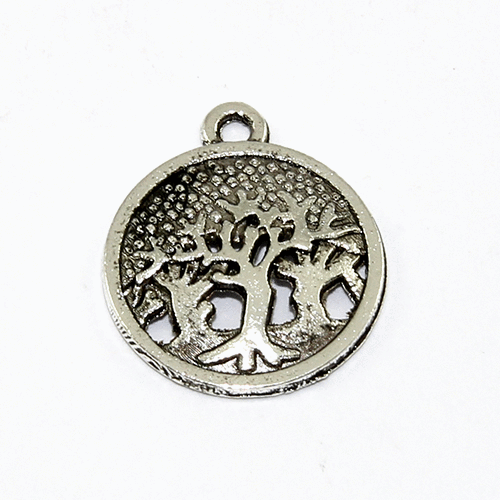 19mm Hollow Carved Tree Charm - Antique Silver